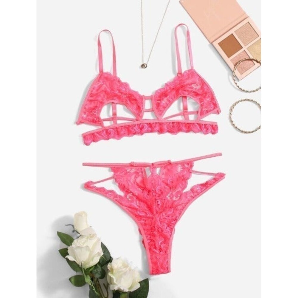 Size 14 Plus (1X) Pink Floral Lace Cut-out Lingerie Set